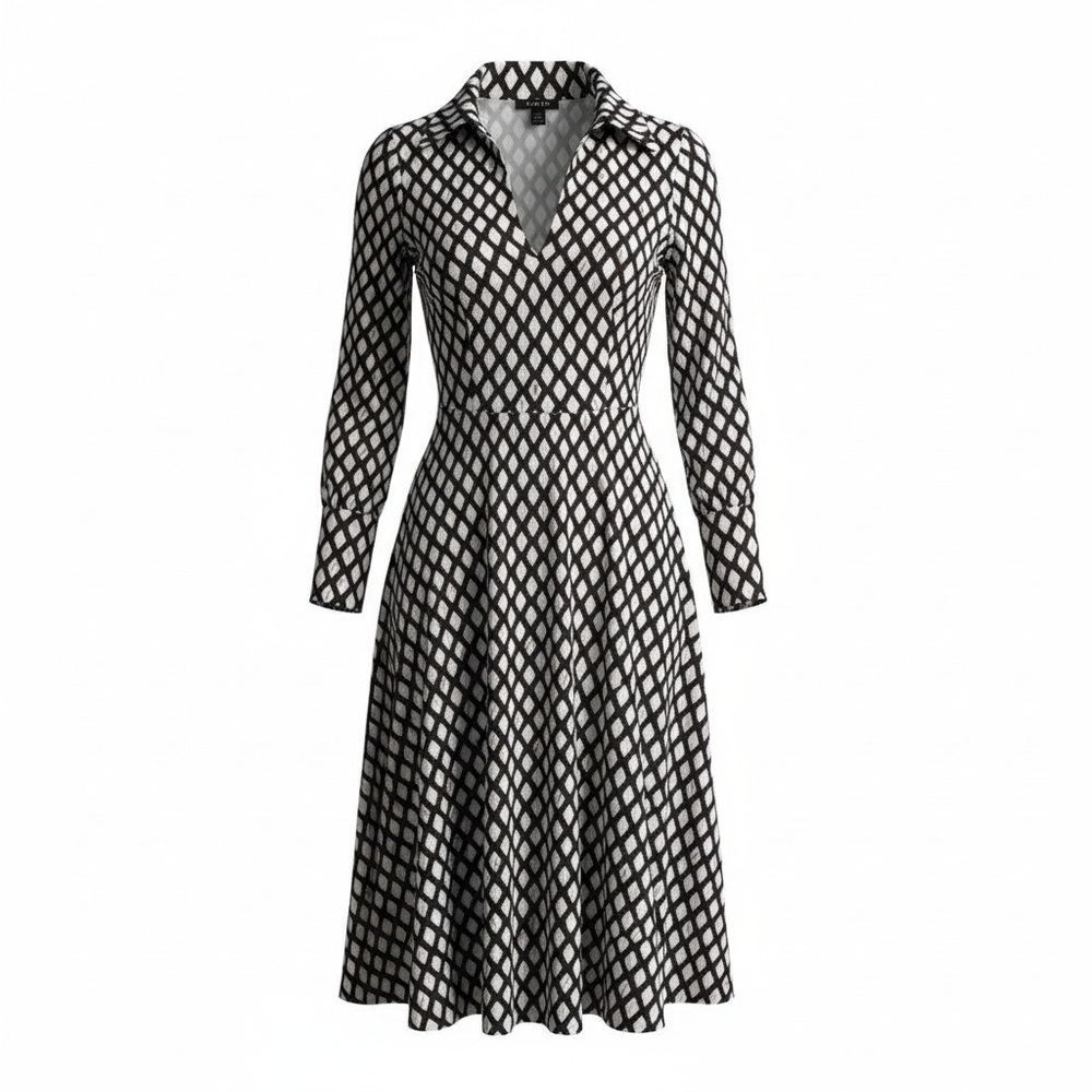 Women's Brown and Cream Collared Fit-and-Flare Cottagecore Dress
